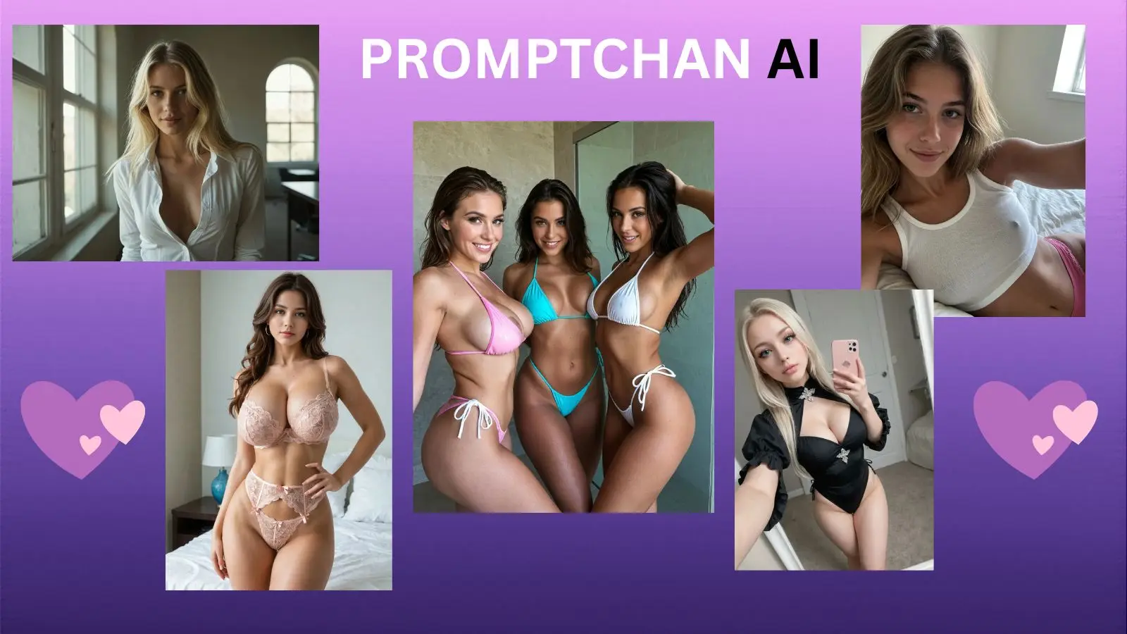 A line display showcasing seven unique AI anime and photorealistic girls with distinct hairstyles, clothing, and expressions, set against a dark purple background featuring the stylized text overlay Promptchan to emphasize the platform's multi-character library.