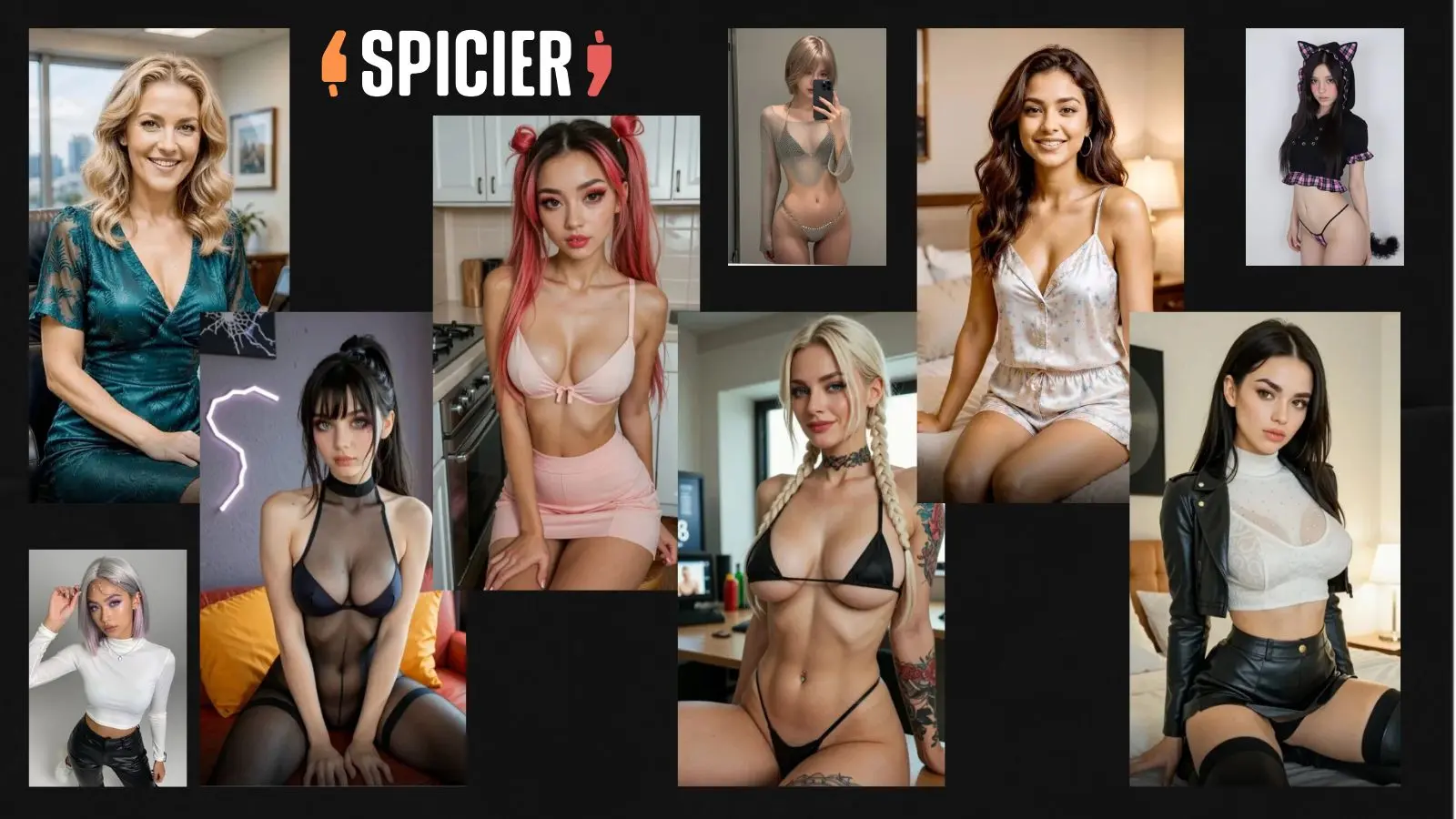 Nine diverse AI-generated virtual companions displayed against a black background with Spicier AI branding, highlighting custom personality, voice, and appearance options for adult roleplay.