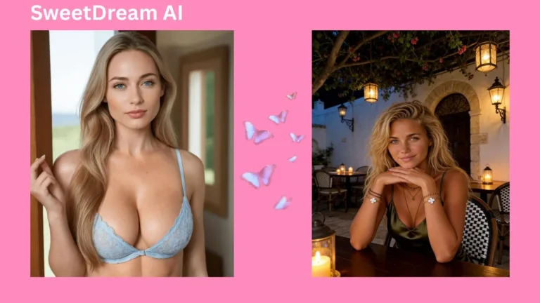 Two AI-generated virtual girls inside the SweetDream AI creation hub, showcasing custom character design with stylized typographic 'SweetDream' text overlaid across a vibrant pink background adorned with floating butterflies.