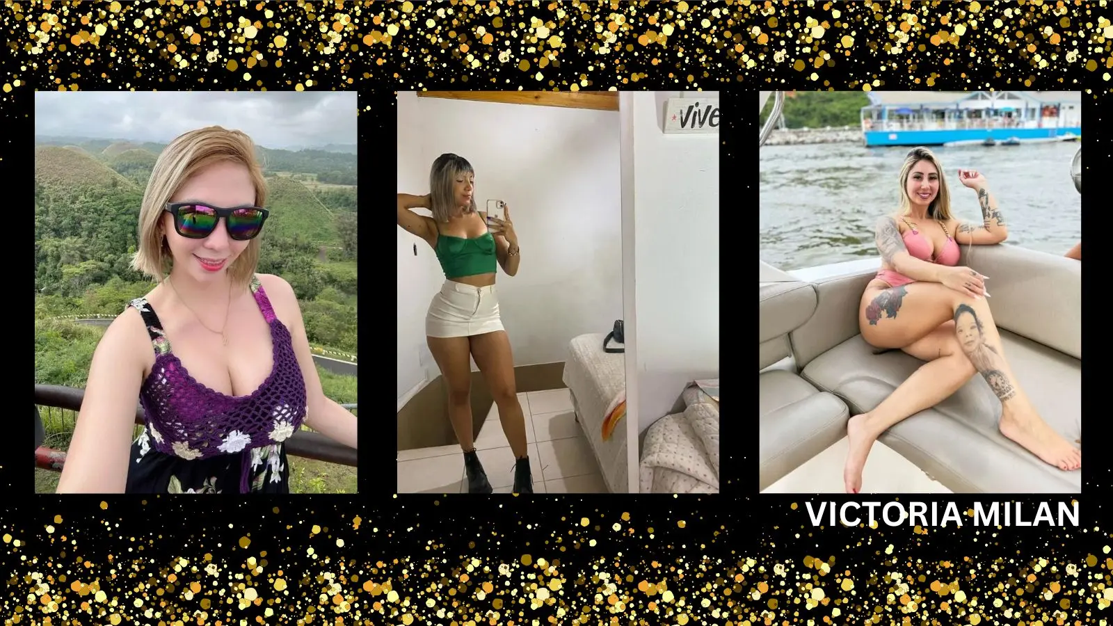 Three women posing against a dark studio background styled with decorative gold glitter borders, featuring the prominent text title overlay Victoria Milan.