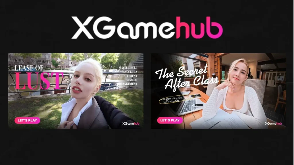 Two promotional game posters from the XGameHub platform, titled 'Leash of Lust' and 'The Secret After Class', displayed side-by-side against a solid black background.
