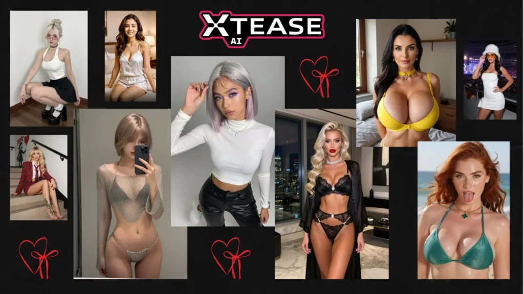 A grid display showcasing diverse AI-generated anime girl avatars against a solid black background, decorated with floating neon red hearts and bold, centralized typographic 'XTEASE AI' brand text.