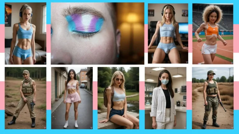 Eight AI-generated trans women stand alongside a real-life transgender woman who proudly displays her pink, white, and blue trans color eyeshadow against a vibrant transgender pride flag background.
