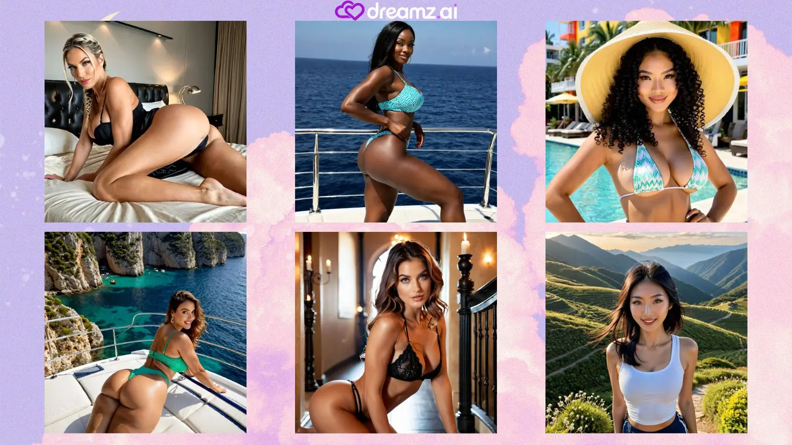 Six distinct custom AI girls arranged symmetrically against a soft background of pink clouds overlayed with bold graphic text reading dreamz ai.