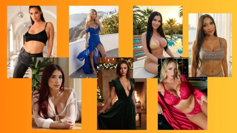 Seven styled AI girlfriend avatars standing together against a vibrant solid orange background.