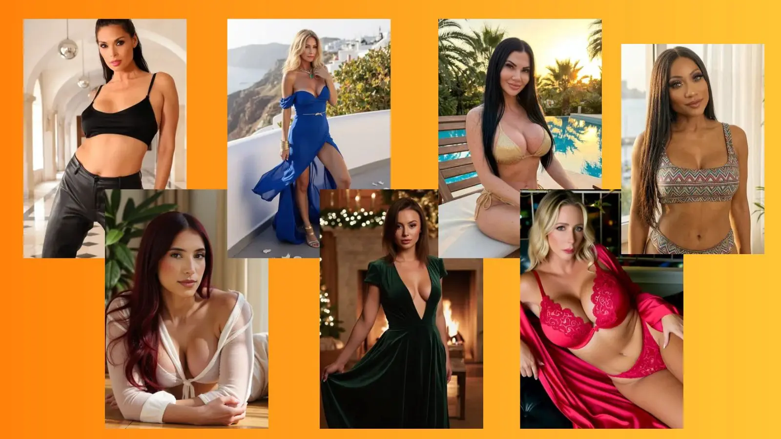 Seven styled AI girlfriend avatars standing together against a vibrant solid orange background.