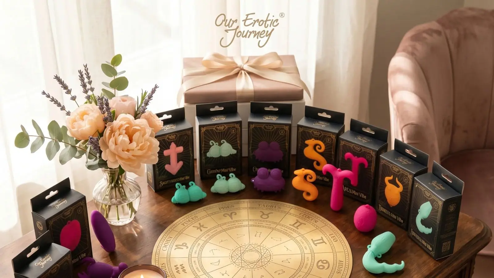 Collection of colorful mini zodiac vibrators from OurEroticJourney displayed neatly on a rustic wooden table.
